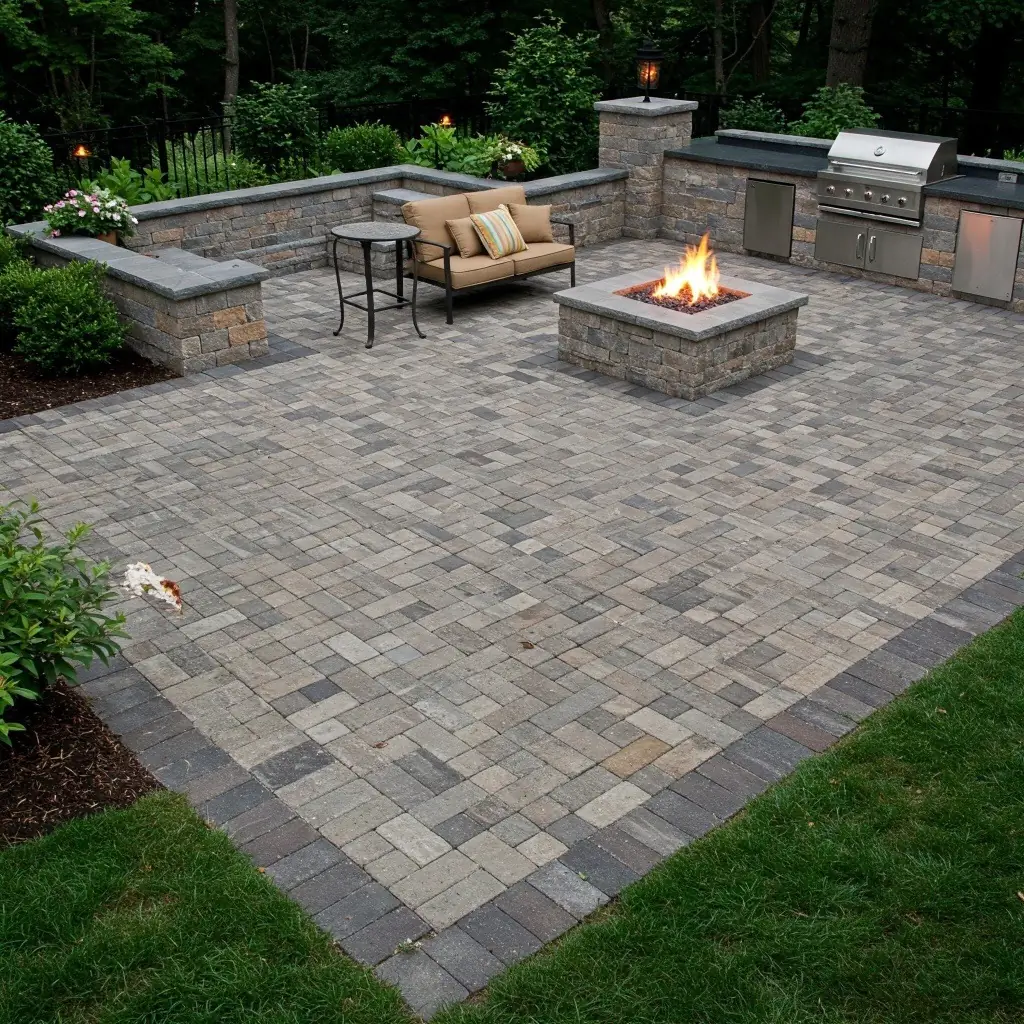 Paver patio with fire pit and outdoor kitchen built by D&E