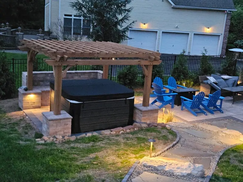 Backyard paving with pergola & hot tub pad