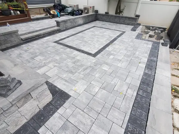 Paver patio with soldier-course inlay